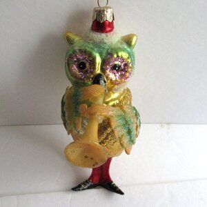 Glass Owl Christmas Ornament Glittered Pink Eyes Holding a Plastic Bugle 6"